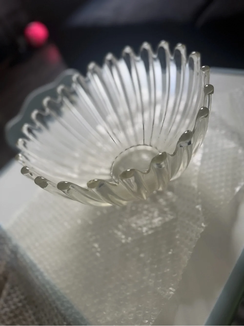 Clear Glass Decorative Bowl - Ribbed Petal Design